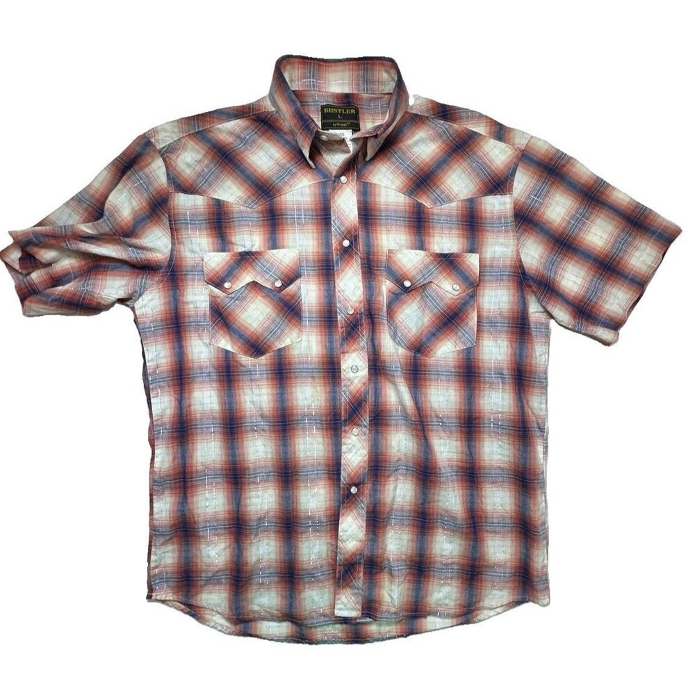 Vintage Rustler Pearl Snap Shirt Button Up Shadow Plaid Wrangler size L Western